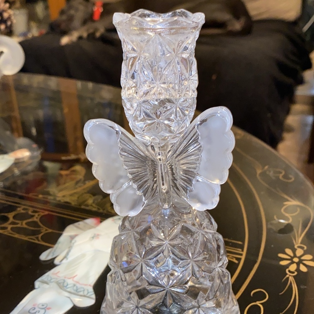 Vintage Hofbauer? West Germany Lead Crystal Etched Butterfly Candlestick Holder - Picture 2 of 4